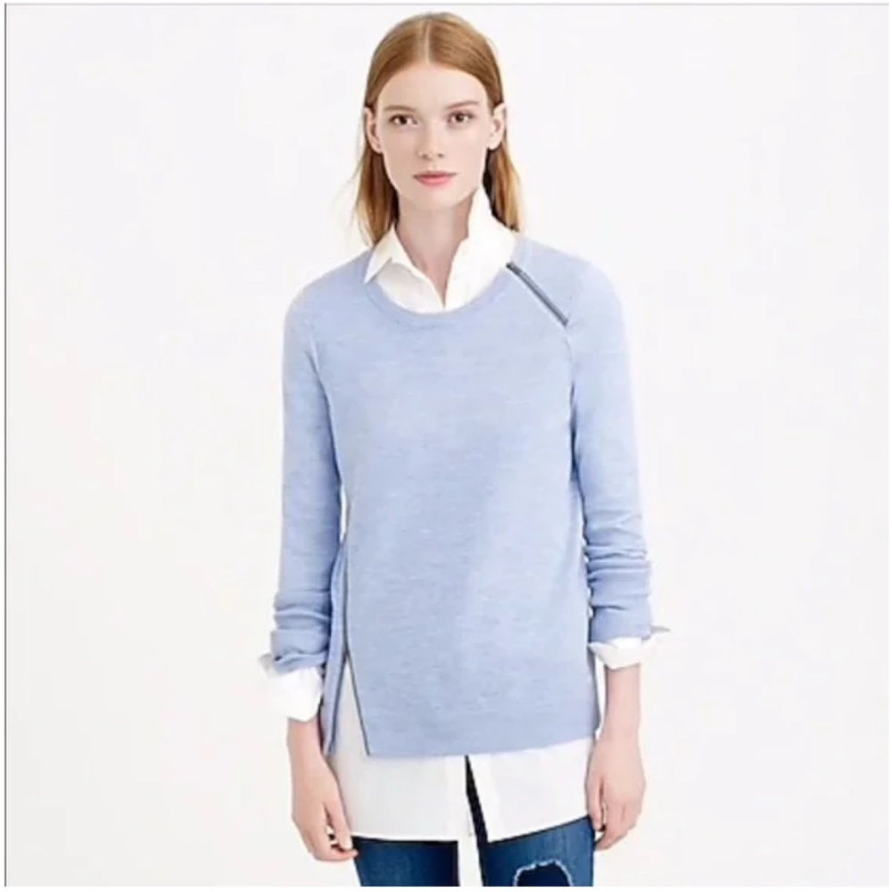 J. Crew Heather Gray Crewneck Sweater asymmetrical zipper merino wool size large